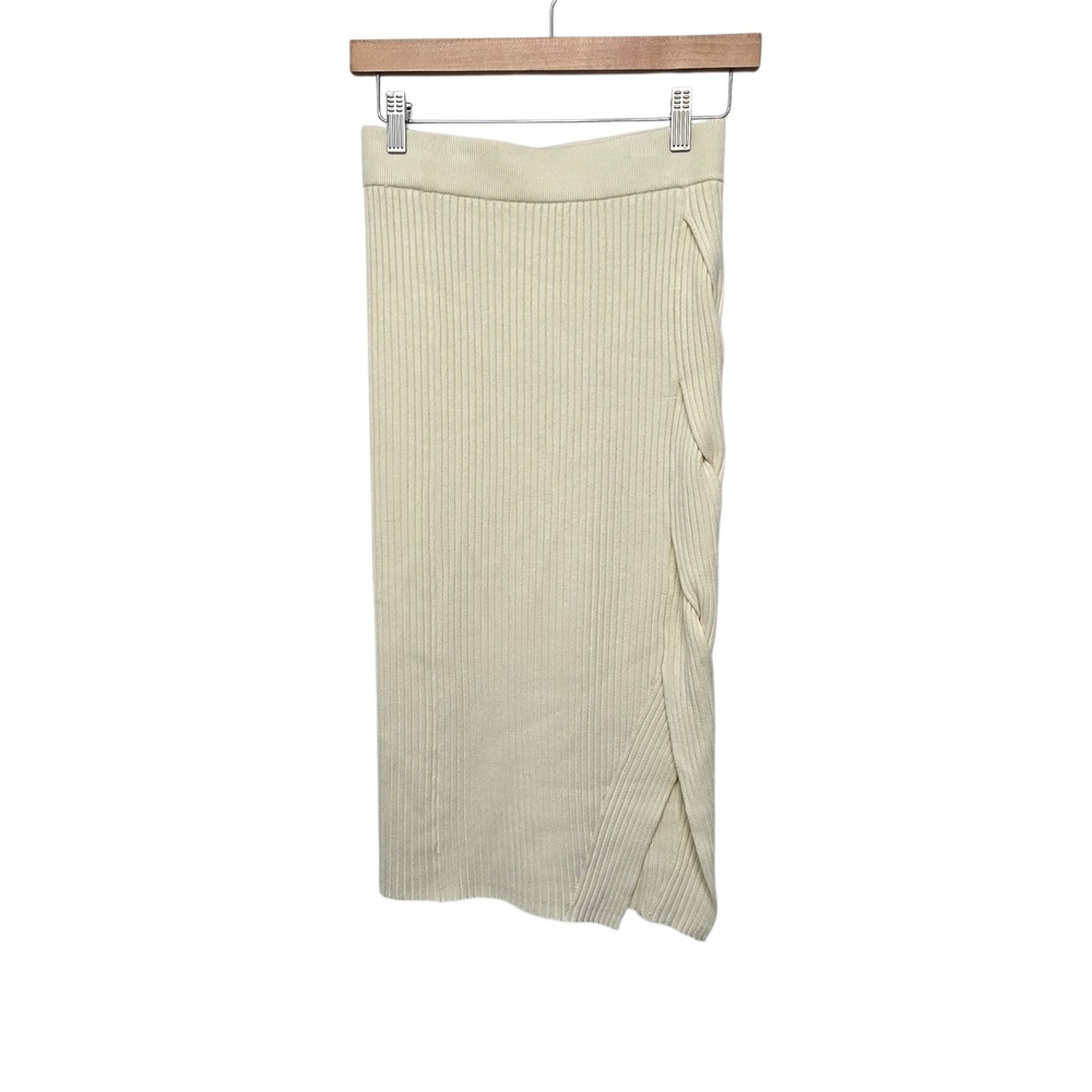 Maeve Anthropologie Ribbed Knit Midi Skirt Cream Twisted Side Slit Size XS Ivory - Picture 2 of 8